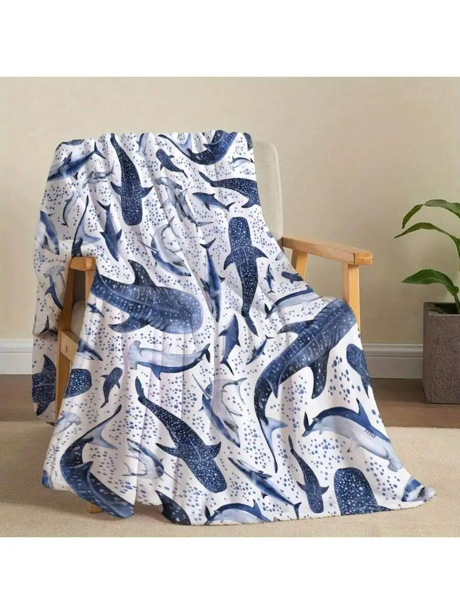 Cozy Ocean Shark Flannel Throw Blanket, Blue White Whale Print 280g/Sq.M Soft Warm Lightweight for Bed Sofa, Machine Washable