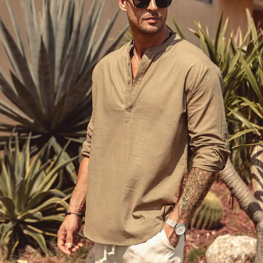 Men's Casual Blouse Cotton Linen Shirt Loose Tops Long Sleeve Henley Shirt Spring Autumn Handsome Shirts Shirts for Men