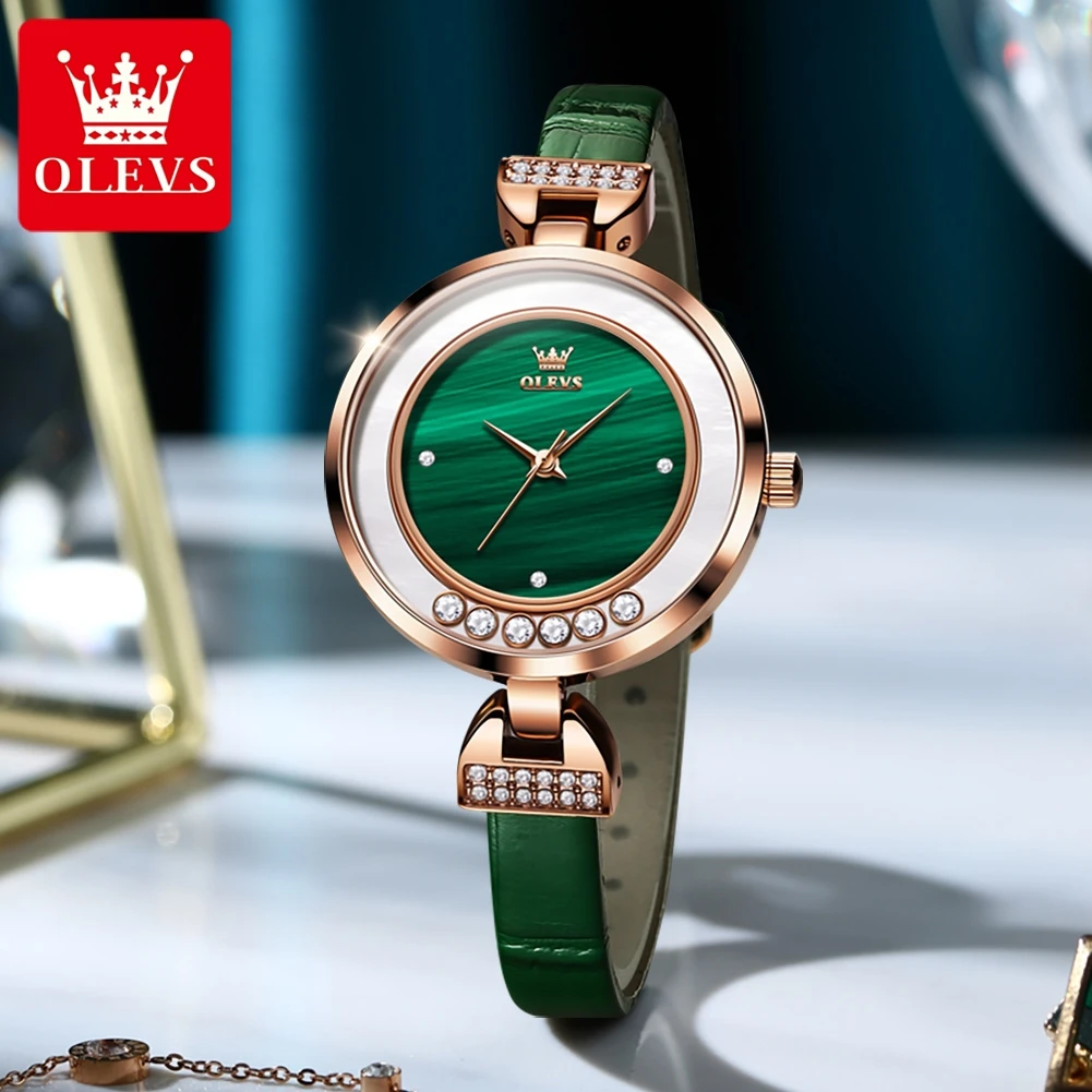 OLEVS Quartz Watch for Women Luxury Leather Strap Inlay Diamond Dial Waterproof Fashion Elegant Women's Wristwatches Reloj Mujer