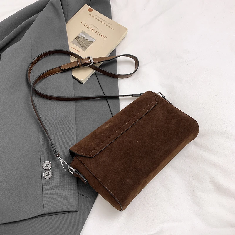 Vintage Wildleder Leder Schulter Umhängetasche Damen Designer Handtasche und Geldbörse Khaki Sac A Main Small Flap Messenger Bag Schwarz – Detail 11