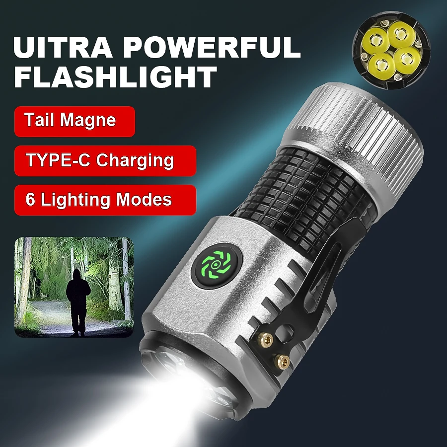 Powerful Mini 4LED Flashlight With Pen Clip and Magnet Use 18350 Battery Rechargeable Outdoor Portable Torch Emergency Lantern