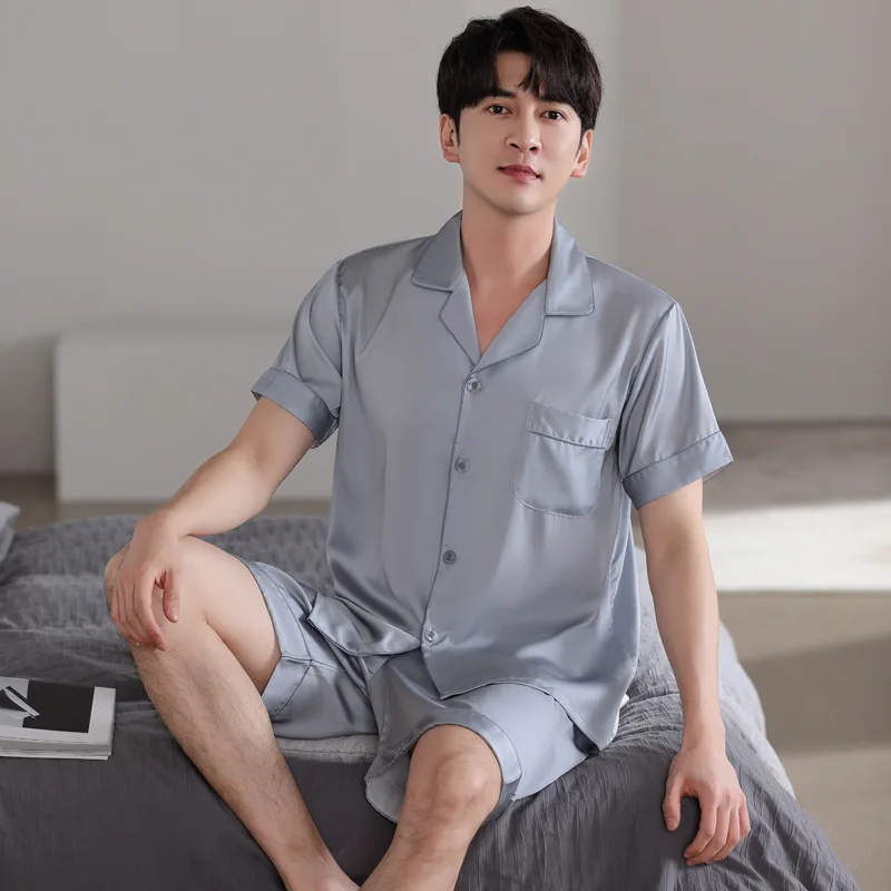 Summer Men's Thin Imitation Silk Pajamas Short Sleeve Cardigan Shorts Oversized Loose Casual Comfortable Home Clothing Set
