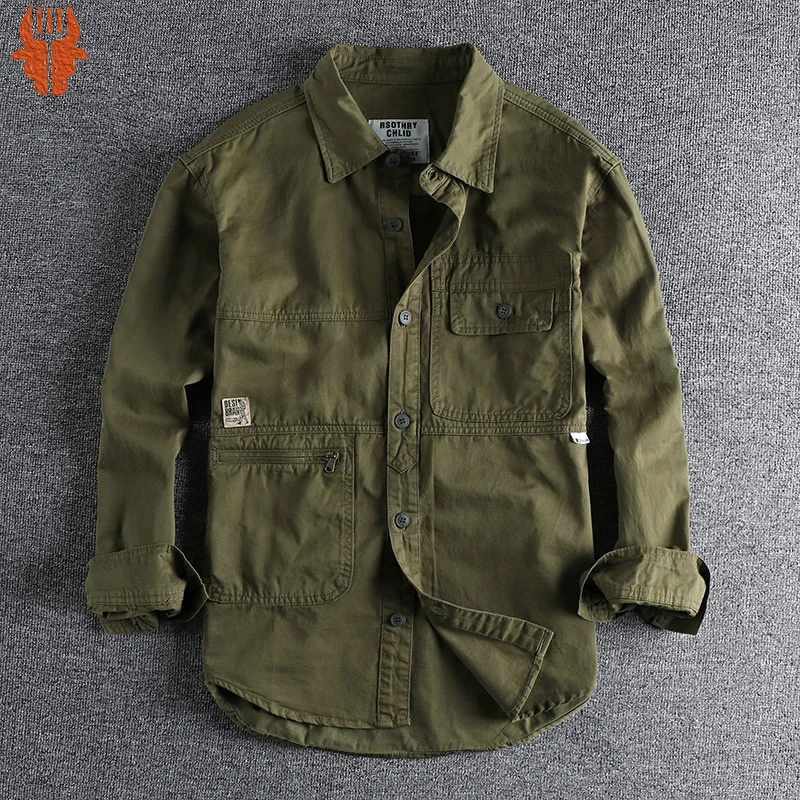 

Heavy Industry Washed Male Workwear Military Shirt Jacket Fashion Men's Long Sleeve Shirt Handsome Trendy Versatile Loose Tops