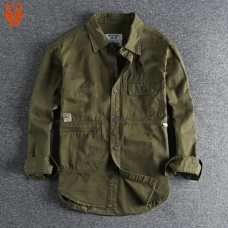 Heavy Industry Washed Male Workwear Military Shirt Jacket Fashion Men's Long Sleeve Shirt Handsome Trendy Versatile Loose Tops