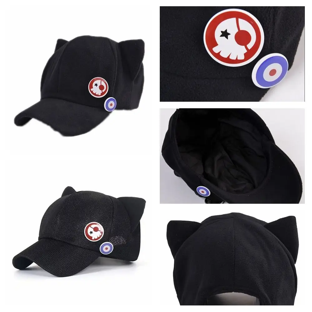 

Anime Cosplay Polar Fleece Hat Accessories Black Badges Baseball Cap Cat Ear Peak Cap Kids Toys