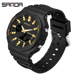 SANDA Premium Men's Waterproof Sport Watch with Dual Display LED Quartz Movement (6016 Black Gold)