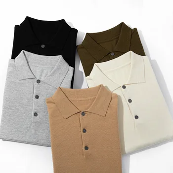 Polo da uomo a maniche corte, top elegante, t-shirt lavorata a maglia, pullover casual da lavoro in misto lana estiva 2024