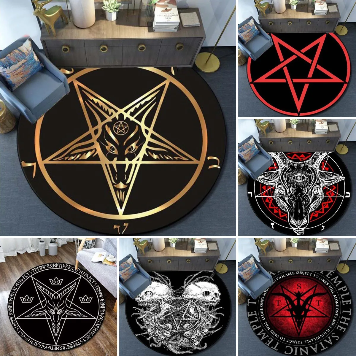 

Skull Satanic Goat Pentagram Wing Demon Version Carpet Round Rugs Non-slip Area Rug for Living Room Bedroom Foot Pad Decoration