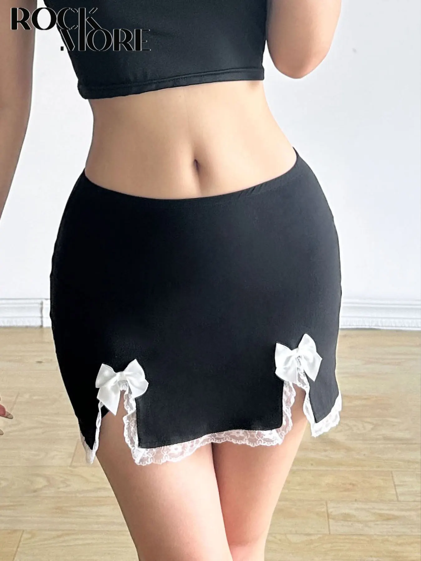 

Rockmore Lace Bow Sexy Slim Split Hip Skirts Coquette Outfits Low Waist Elastic Short Skirts Y2K Aesthetic Fairycore Korean New