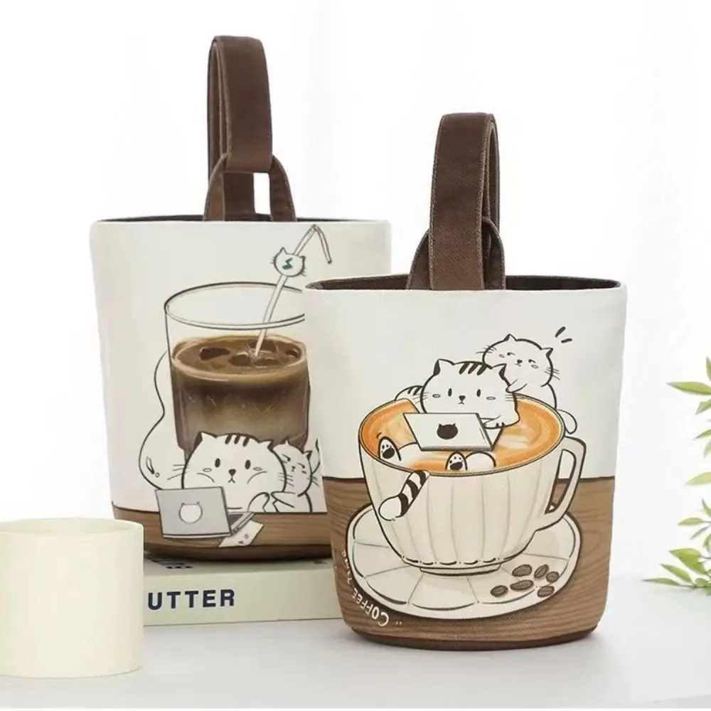 

Large Capacity Cartoon Coffee Cat Bucket Bag Canvas Handbag Korean Style Mummy Bag Shopping Bags Tote Bag Lunch Bag Storage Bag