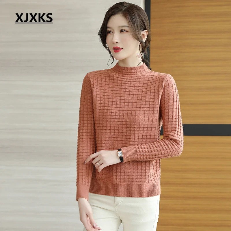 

XJXKS 2022 Autumn And Winter Latest Women's Half Turtleneck Sweater Comfortable Wool Knitted Pullover Lady Top