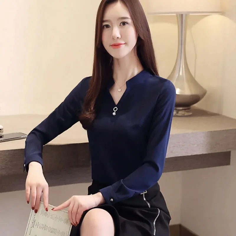 Women's V-Neck Chiffon Blouses Blue Shirt Loose Beading Tops Elegant Clothes Solid Fashion Spring 2412