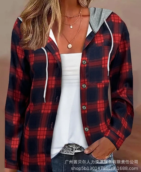 Women's Coat 2024 Spring/Summer New Women's Casual Checkered Pattern Button Front Hooded Top Coat