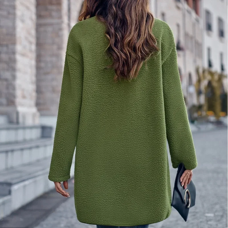 2023 Autumn and Winter Women's Solid Color Round Neck Long Sleeve Single Breasted Mid Length Coat Fashion Casual Formal Tops