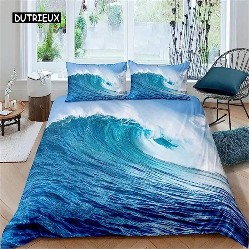 

Blue Ocean Duvet Cover Waves Bedding Set Hawaiian Tripocal Sea Wave Sea Beach Bedding Comforter Cover Microfiber For Women Men