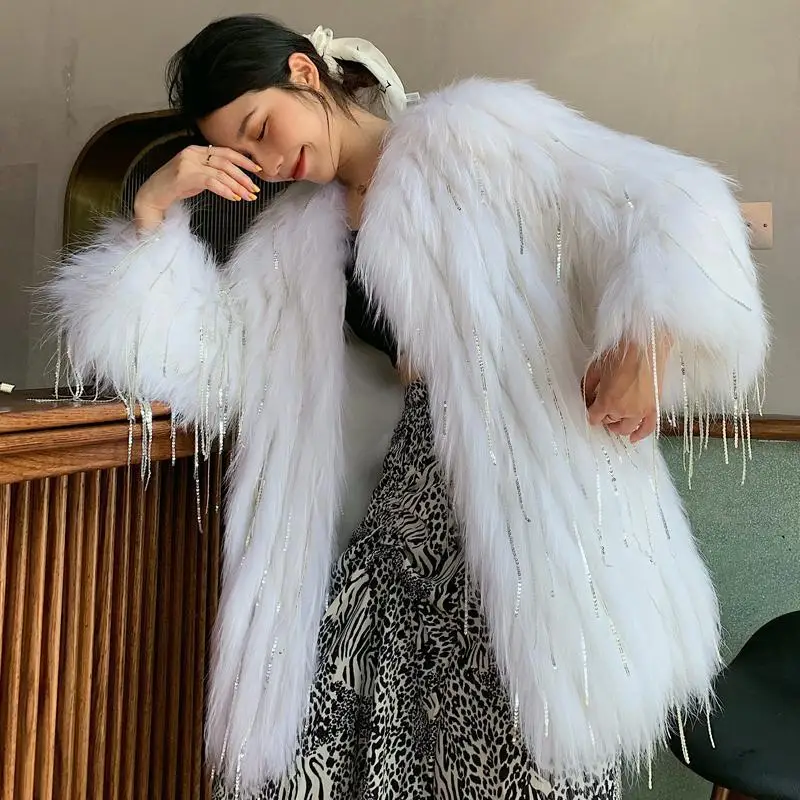 

2023 Fall and Winter Women's Medium-length Tassel Raccoon Fur Braided Rhinestone Fur Coat Young Thin Fox Real Hair Coat Women