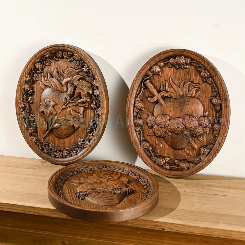 Holy Family Three Hearts Wall Decoration, Wood Carving, Sacred Heart of Jesus, Sacred Heart of Mary, Joseph