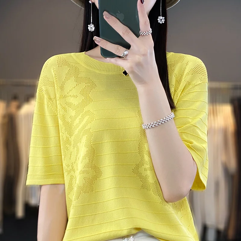 

Women's T-shirt Summer Worsted Wool Sweater Short Sleeve Casual Hollow Knitwear Round Neck Ladies' Tops Loose Pullover Tees