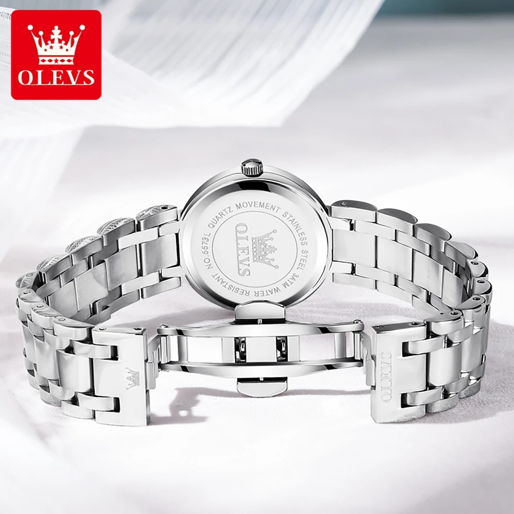 OLEVS Brand Luxury Moon Phases Quartz Watch for Women Stainless Steel Strap Waterproof Fashion Date Women Dress Wristwatch