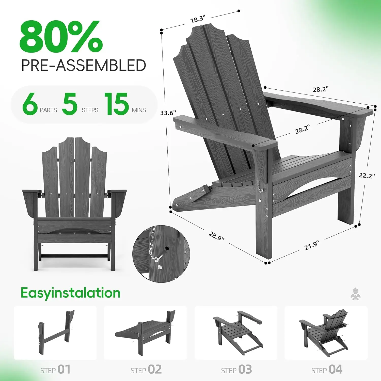 Outdoor Folding Adirondack Chair. HDPE. All-Weather. Stackable. For Porch, Backyard, Lawn. Gray.