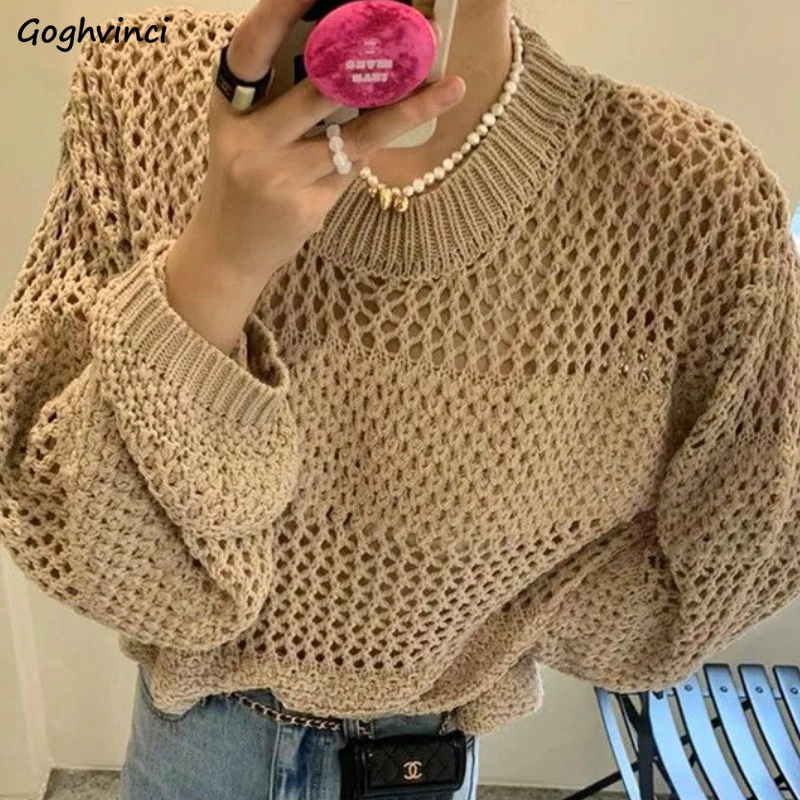 

Pullovers Women Solid Hollow Out Loose O-neck Design Cool Breathable Street Wear Casual Sexy College Korean Style Spring New Ins