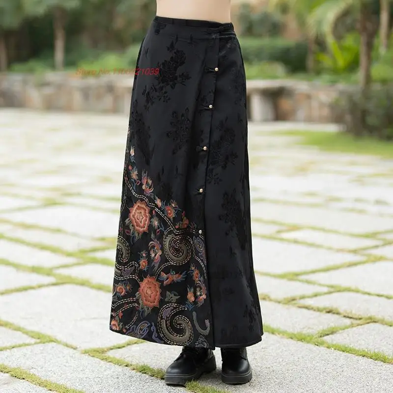 chinese vintage skirt national flower embroidered traditional a-line skirt ethnic satin jacquard elastic waist folk