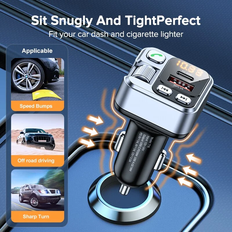 30W USB Type C Car Charger Mobile Phone Adapter FM Transmitter Fast Charge Bluetooth 5.1 MP3 Music Player Portable Quick Charger