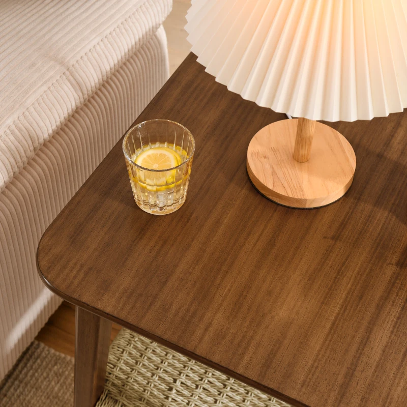 Mid-Century Side Table with Woven Shelf, Boho Side Table with Storage, Small Side Table for Living Room Couch Bedroom Patio 2