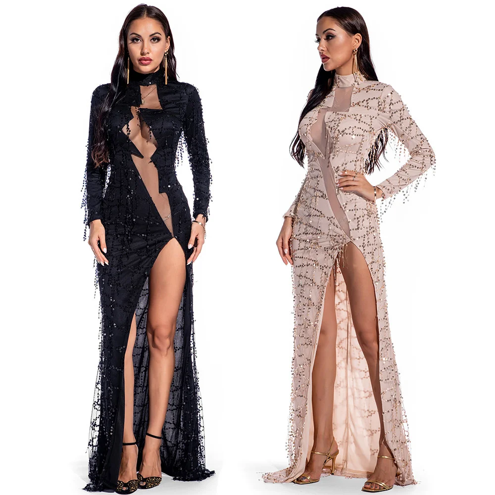 

2023 New European And American Women's Banquet Ball Party Dress Sequin Perspective Sexy High Split Floor Long Dress