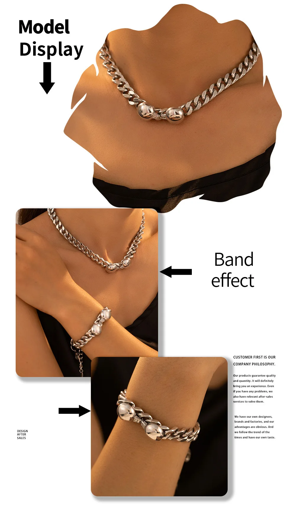 316 Edelstahl Ovaler Anhänger Armband Halskette Set Damen Silberfarben Dicke Kette Hip-Hop-Stil Schmuck Accessoires – Detail 2