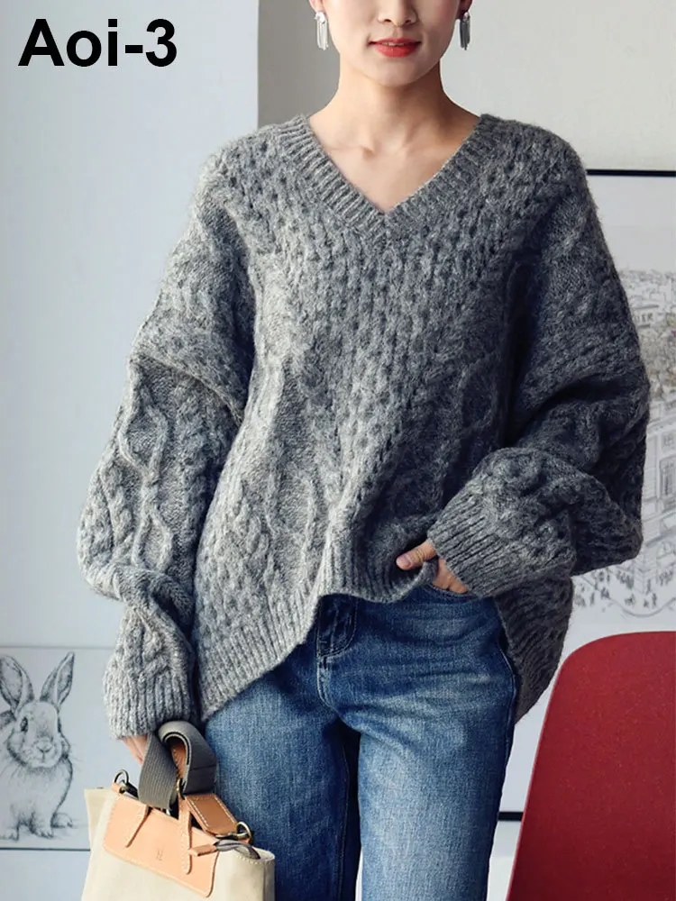 

Korean Commuter Knitted Sweater Women's 2023 Autumn Winter New Loose V-Neck Twist Pullovers Soft Waxy Long-Sleeved Knitwear Tops