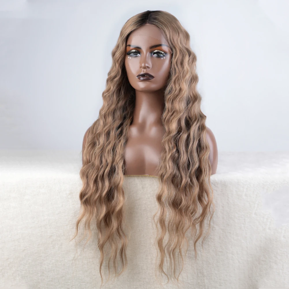 Synthetic Lace Front Wig Long Deep Wavy 30" Hair Lace for Women Front Ombre Blonde Cosplay Baby Hair Wig