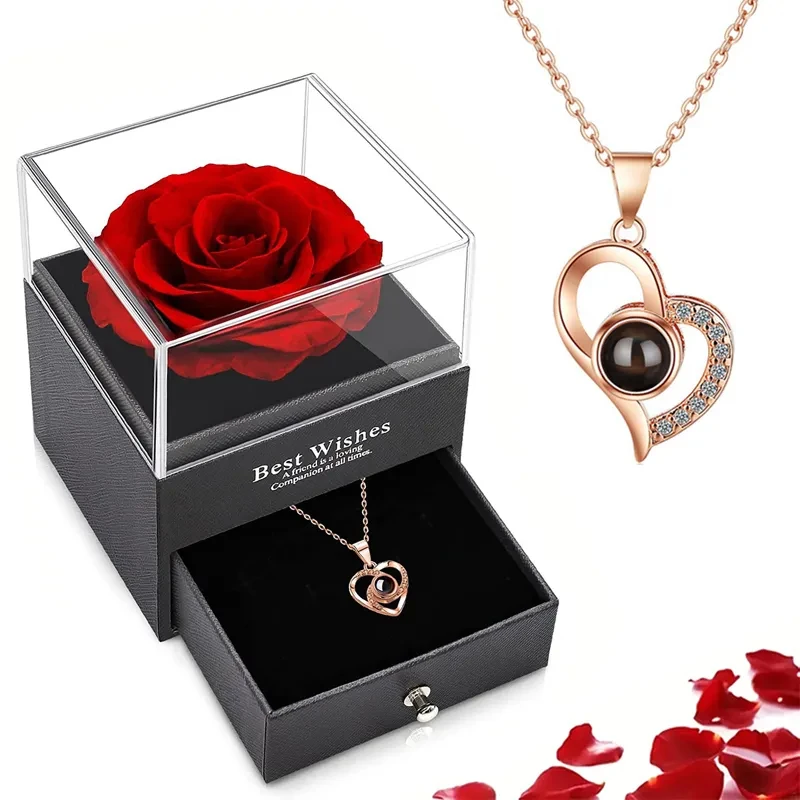 

Valentines Day Gifts Projection Necklace Set With Rose Gift Box 100 Languages I Love You Necklace Wife, Women, Anniversary Gifts