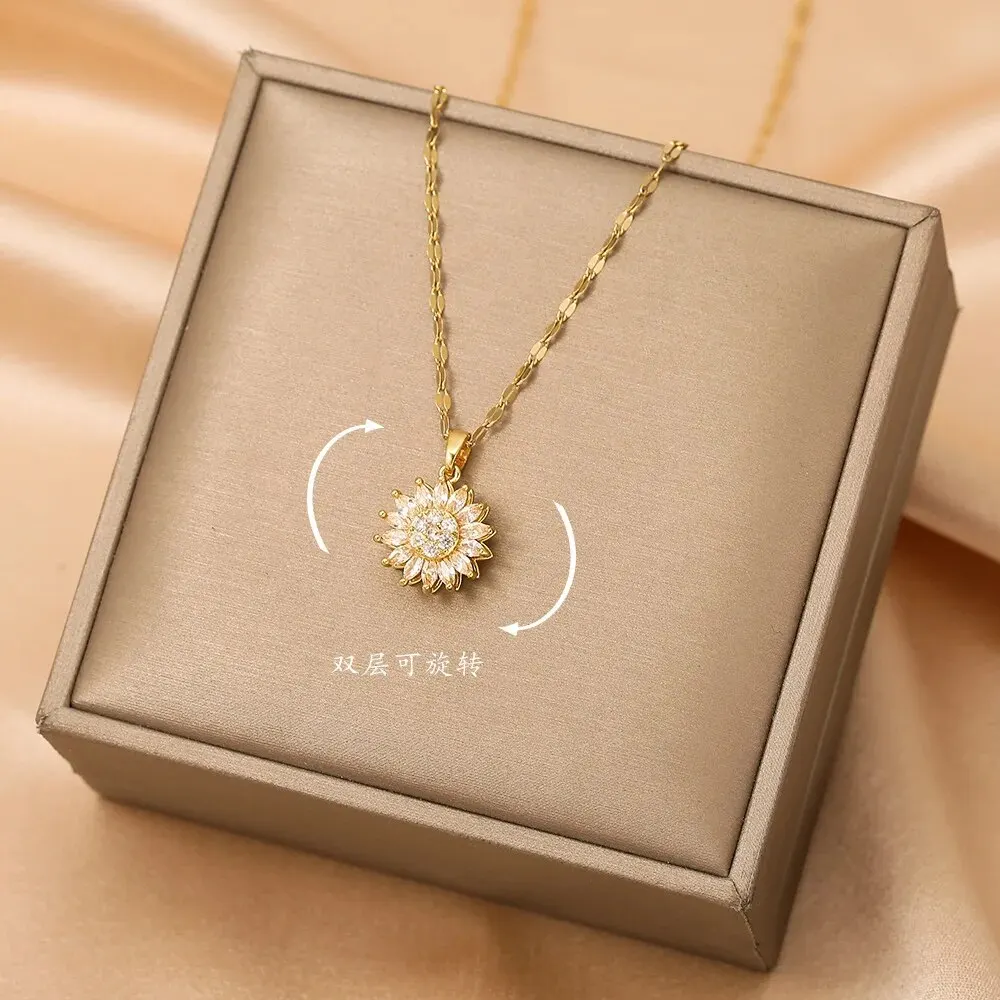 Trendy Rotation Spin Sunflower Stainless Steel Zircon Necklaces