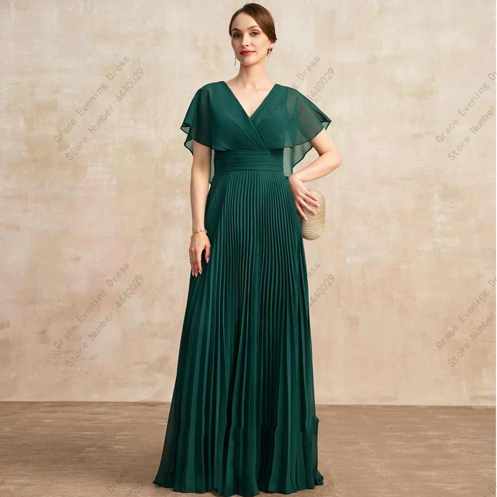 Fashion Green Chiffon Mother of Bride Dresses Fuffles Pleat Summer New Floor Length Wedding Party Gown Sleeveless Zipper