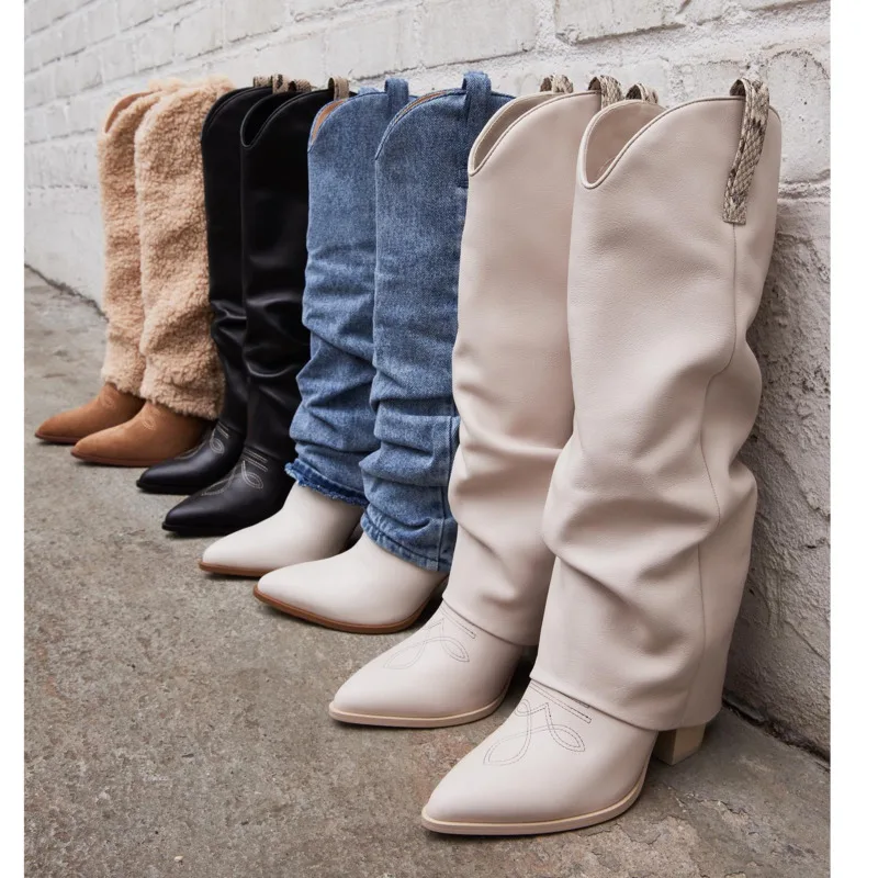 women-western-boots-2024-winter-new-chunky-heels-slip-on-retro-classic-fold-cowgirl-booties-women-knee-high-boots-shoes