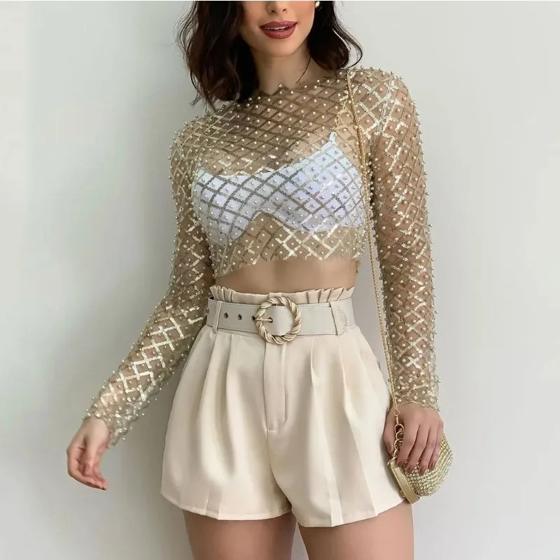 

Sexy Mesh Bead Sequins Tshirt Women See Through Hollow Out Mesh Fishnet Tee Top Beach T Shirt Party Rave T-shirt Female