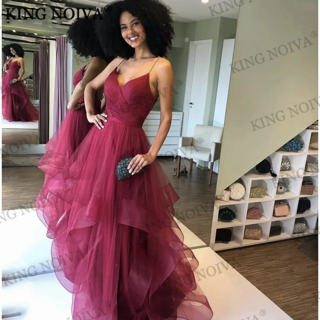 

KING Elegant V-Neck Spaghetti Strap A-Line Evening Dresses 2024 Backless Ruffles Floor Length Simple Prom Dress robe de soiréé