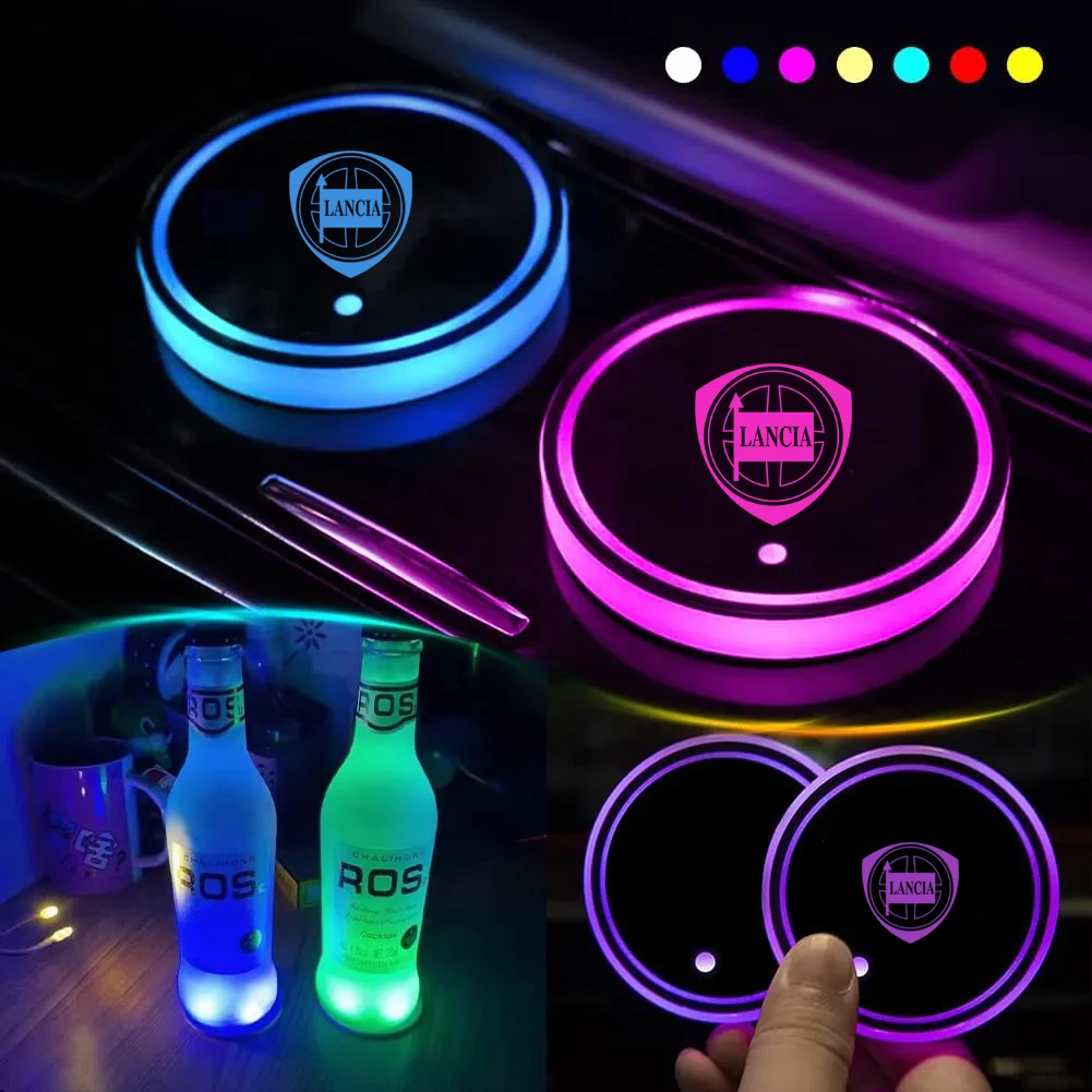 2Pcs Car Logo 7 Colori Water Cup Coaster Holder Color Atmosphere Lights Per Lancia Delta Ypsilon Lybra Musa Kappa Voyager