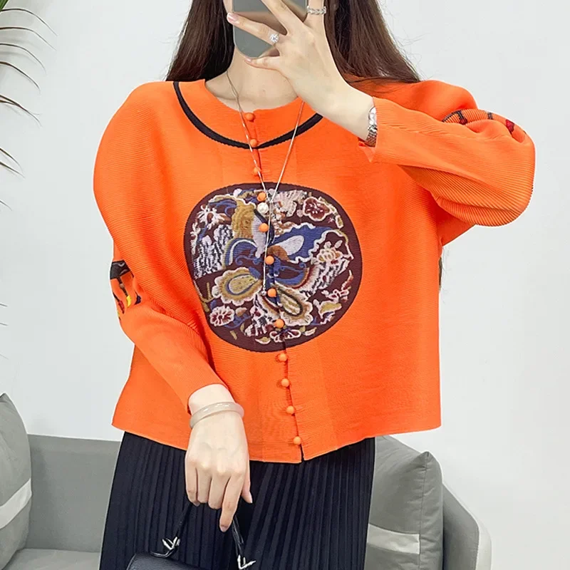 

2024 New Summer Miyake Pleated Casual Printed Thirteen-button Shirt Tops for Women Loose and Versatile Cardigan for Women