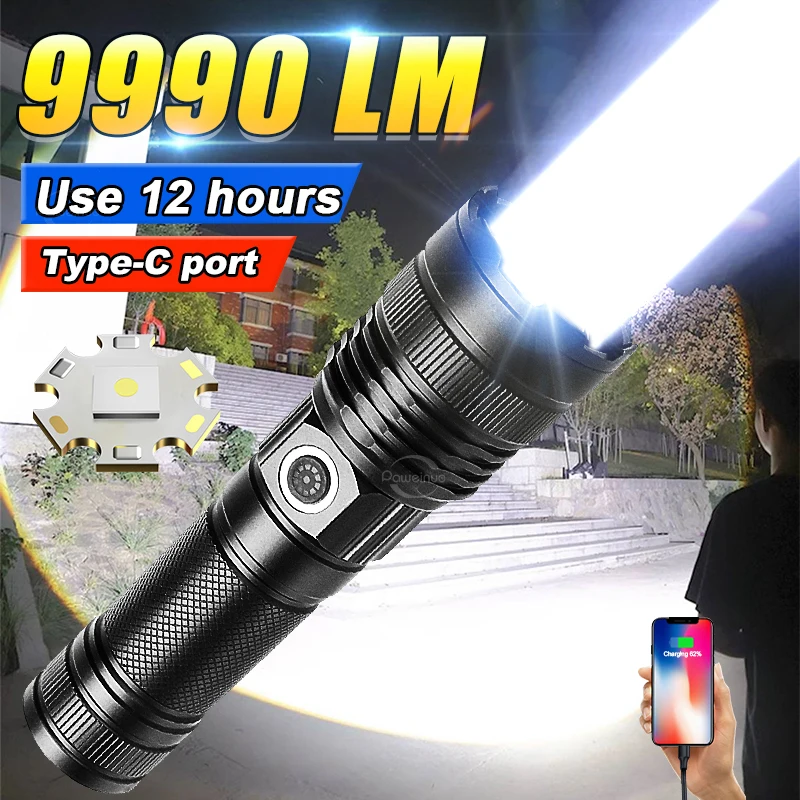 High Power 500W LED Flashlight Type-C USB Rechargeable Tactical Torch 2500M Long Range Ultra Powerful Flashlight Camping Lantern