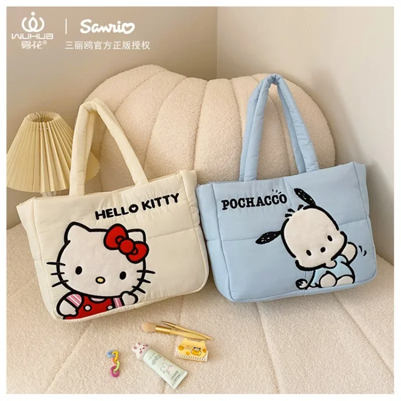 

Sanrio Makeup Bags Anime My Melody Kuromi Hello Kitty Pachacco Silk Embroidery Shoulder Shopping Mommy Lunch Box Bag for Woman