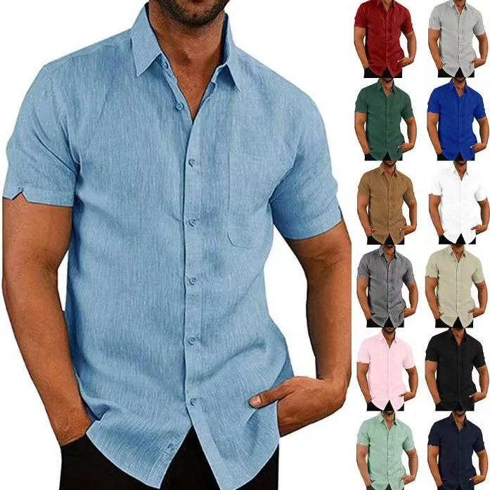 Amazon eBay Hot Selling selling Summer Polo Collar Solid Short Sleeve Button Men's Linen Shirt Clothing