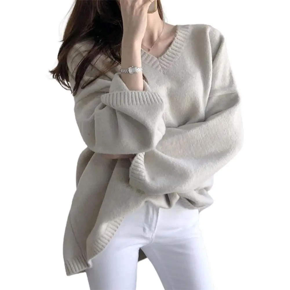 

Women Solid Tops Cozy V Neck Knitted Women's Sweater for Fall Winter Thick Solid Color Pullover with Long Sleeves Mid Length