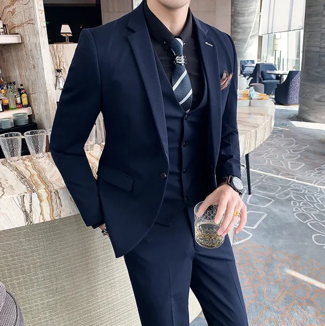 S-7XL (Jacket+Vest+Pants) Fashion Boutique Lattice Formal Business Mens Suit 3Pcs Set Groom Wedding Dress Plaid Suit Show Stage - TZ830 Navy Blue, L(EUR XS)