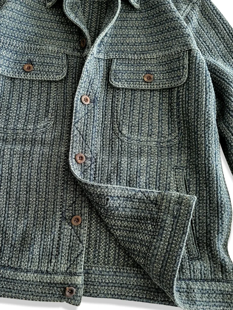 Amekaji Wear Clothes Men Honeycomb Stripes Denim Casual Jacket Coat Loose Version Japanese-Style Retro Washed Old 4