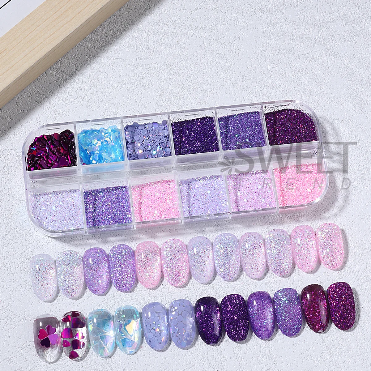 12 Grids Purple Pink Series Nail Sparkly Glitter Holographic Sugar Hexagon Broken Sequins Chrome Pigment Nails Accessories Flash