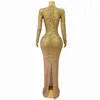 Sexy Stage Elegant Luxury Evening Shining Gold Rhinestones Dress Women Cocktail Party Gowns Birthday Stage Photoshoot Costume 2