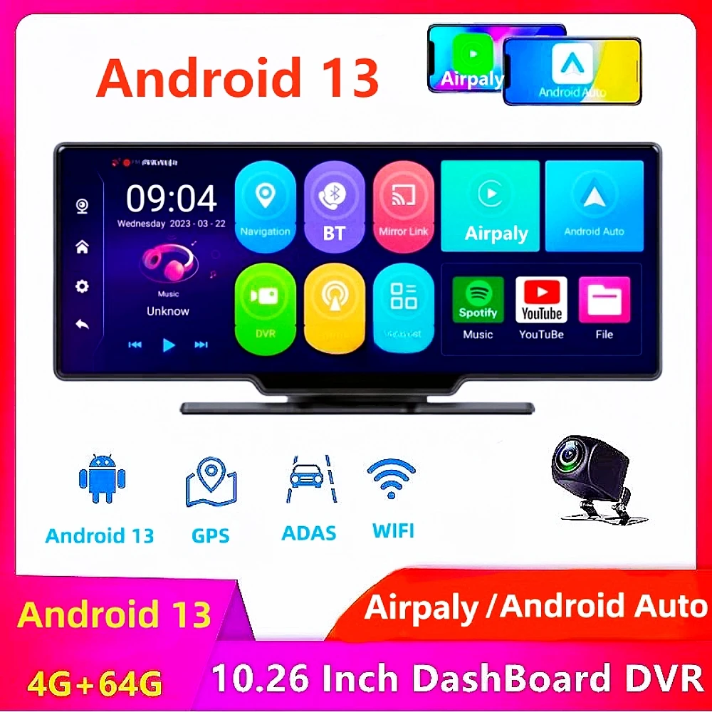 

10.26 Inch 4G ADAS Android 13 Car DVR GPS Navigation Dashboard Camera HD 1080P Dual Lens WiFi Bluetooth Registrar Video Recorder