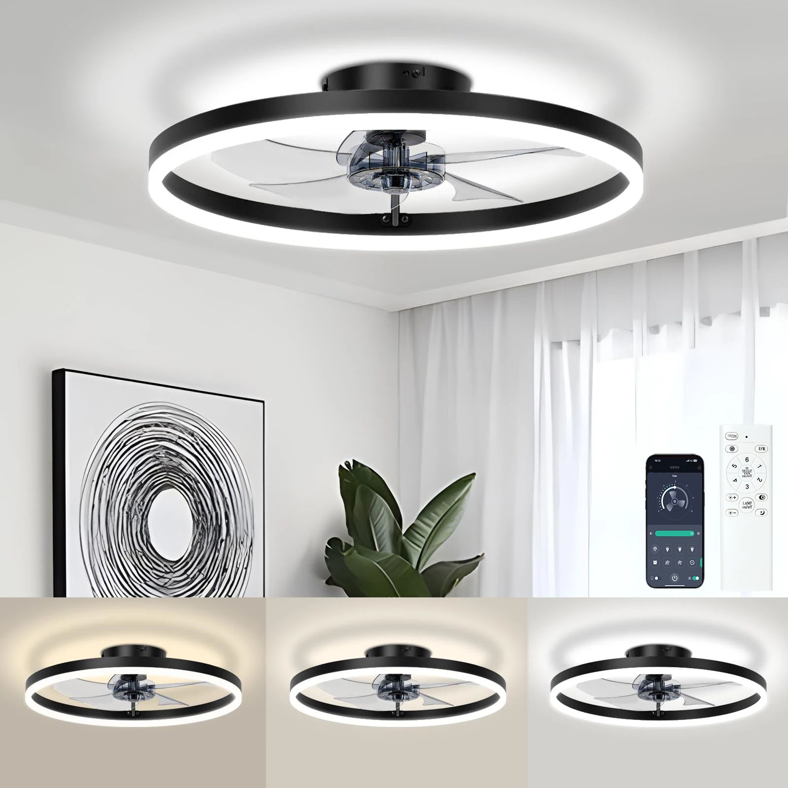 Smart Ceiling Fan with Lights and Remote 6 Speeds Dimmable LED Fan Lamp Flush Mount Ceiling Fan for Bedroom Living Room Kitchen